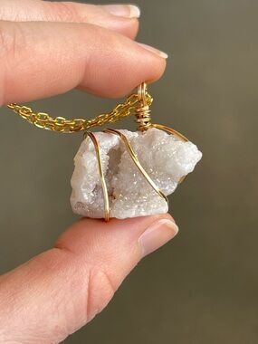 White Druzy Agate Gold Tone Wire Wrap Necklace